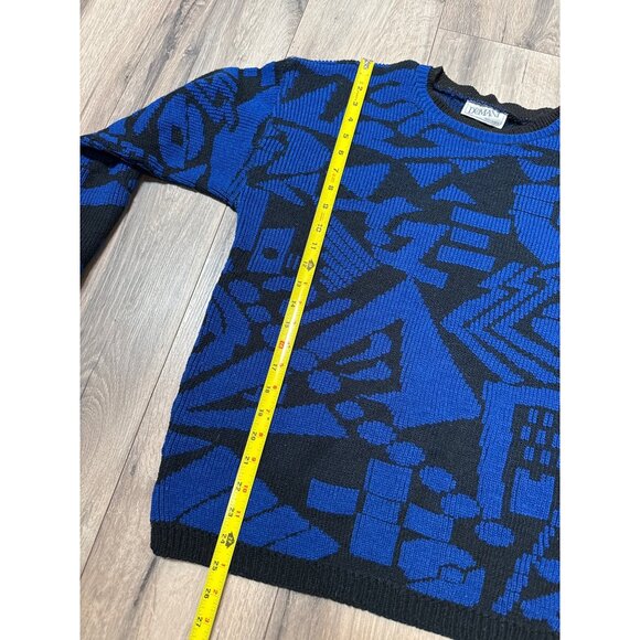 Vintage Domani Blue & Black Abstract Pattern Sweater Grandpa Academia Made In US - Picture 5 of 7